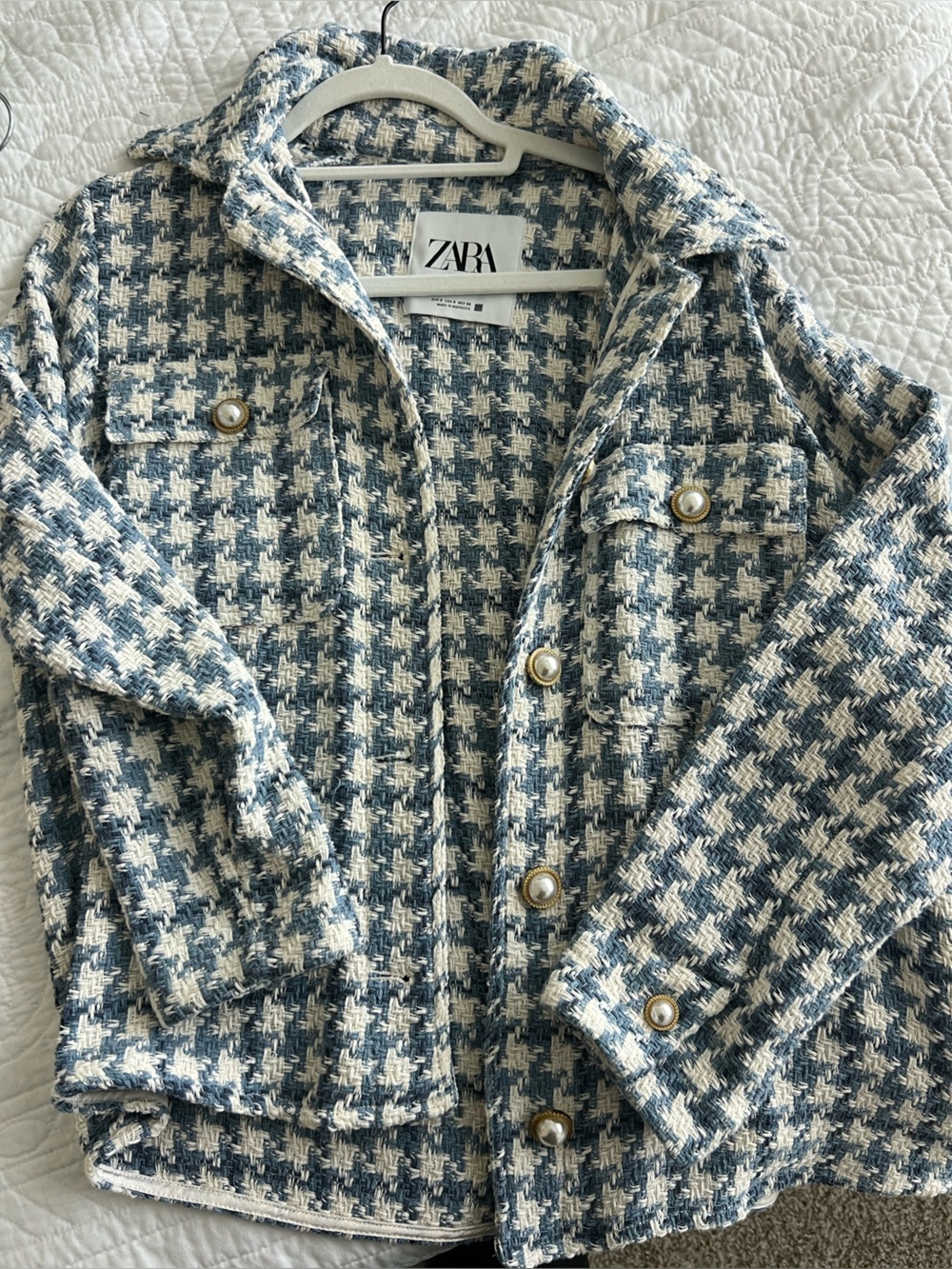 Zara Blue & Cream Tweed Button-Front Jacket with Gold Accents